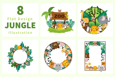 8 Jungle Animals and Zoo Cartoon Flat Style