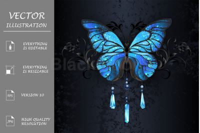 Blue Morpho Butterfly on Black Background