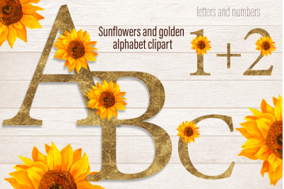 Sunflowers and gold alphabet letters and numbers clipart