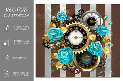 Steampunk Striped Background with Clock and Turquoise Roses