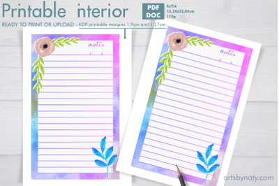 Watercolor beautiful notes printable journal to print or upload to KDP