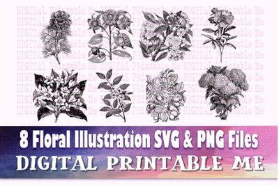 Floral Illustration svg, silhouette bundle, 8 vintage flower drawings,