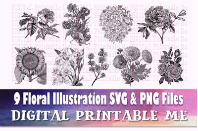 Floral Illustration svg&2C; silhouette bundle&2C; 9 vintage flower drawings&2C;