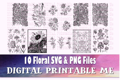 Floral Illustration svg, silhouette bundle, 10 vintage flower drawings