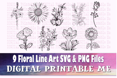 Floral Illustration svg, outline bundle, 9 flower drawings, PNG clip a