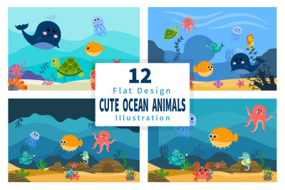 12 Cute Ocean Animals Underwater Background Flat Design