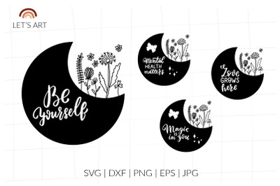 Floral moon svg. Celestial boho lettering quotes set with meadow wild