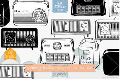 Vintage Radios Black &amp; White | Hand Drawn Retro Alarm Clock
