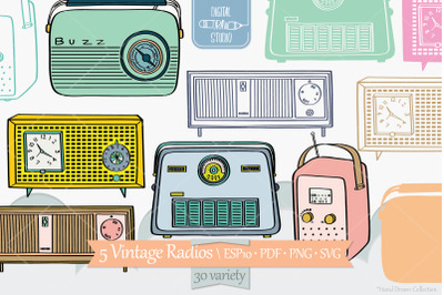 Vintage Radios | Colored Hand Drawn Retro Alarm Clock