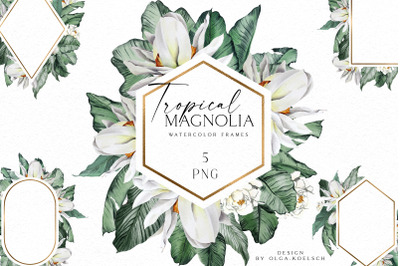 Boho tropical clipart, White magnolia floral frames. Tropical wedding