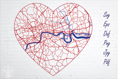 London Uk city road map svg, dxf, png, Heart shaped map, Cut