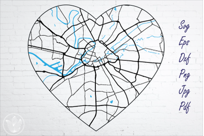 Manchester UK city road map svg, eps, dxf, png, jpg, Heart shaped map