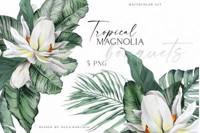 Boho tropical clipart, White  magnolia floral and jungle leaves png