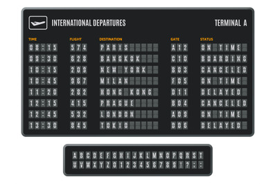 Airport flip board. Departures information scoreboard, flipping arriva