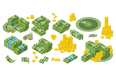 Isomeric dollar cash. Green dollar bills and golden coins piles, bundl