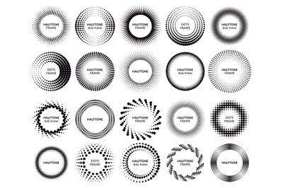 Circle dotted frames. Gradient halftone dots pattern shapes, dot spray