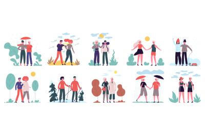 Different seasons. Couples walk at various weather, summer heat, winte