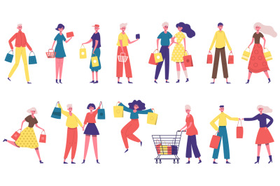 Shopping characters. Men and women carrying shopping bags, shopaholic