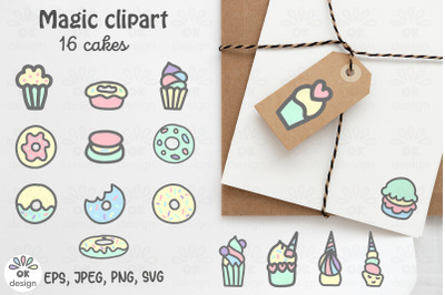 Cake clipart. Magic Unicorn clipart. Baby shower clipart. 16 designs.