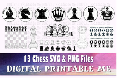 Chess Piece svg set, silhouette bundle, PNG clip art, 13 Digital files