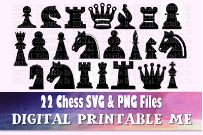 Chess piece svg set, silhouette bundle, PNG clip art, 22 Digital files