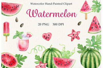 Watercolor watermelon clipart set. Summer juicy watermelons, dessert