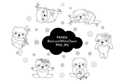 Panda black and white clipart PNG 37