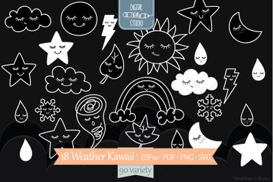 Weather Kawaii | White Star&2C; Moon&2C; Sun&2C; Cloud&2C; Rainbow&2C; Tornado Doodle