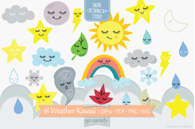 Color Weather Kawaii | Star&2C; Moon&2C; Sun&2C; Cloud&2C; Rainbow&2C; Tornado Doodle