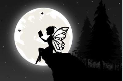 cute fairy reading a book silhouette