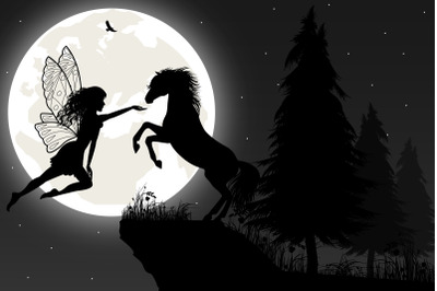 cute fairy and horse silhouette