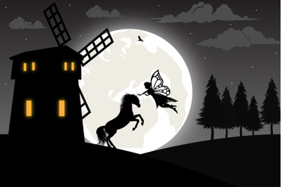 cute fairy and horse silhouette