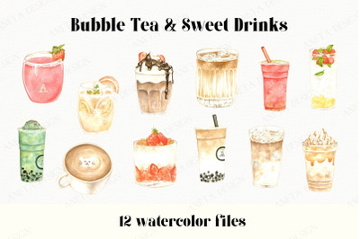 Watercolor Bubble Tea Illustration, Ice Coffee Clipart, Cappuccino Mug