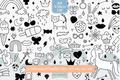 Whimsical Doodles | Hand drawn Unicorn, Rainbow, Heart, Lips, Flowers
