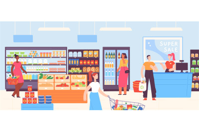 People in supermarket. Grocery shop interior with cashier and customer