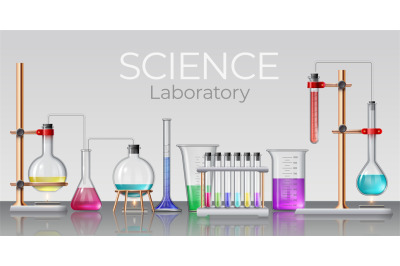 Realistic science laboratory. Chemical lab glassware, beakers, test tu