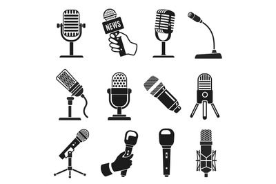 Microphone silhouette. Modern and old vintage mic icons. Music or podc