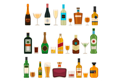 Alcoholic bottles and glasses. Alcohol cocktail drinks, champagne, bee