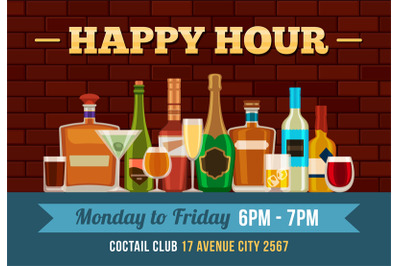 Bar happy hour poster. Alcoholic drinks offer for pub. Bottles and gla