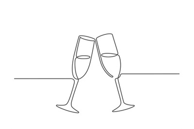 One line champagne toast. Continuous linear couple wine glasses clink.