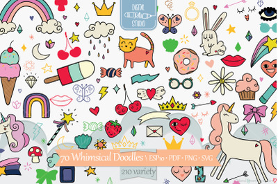 Whimsical Doodles | Hand drawn Unicorn, Rainbow, Heart, Lips