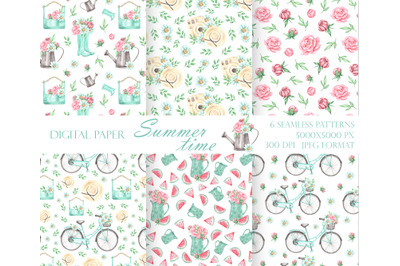 Summer watercolor seamless patterns. Village. Provence. Bicycle,  hat