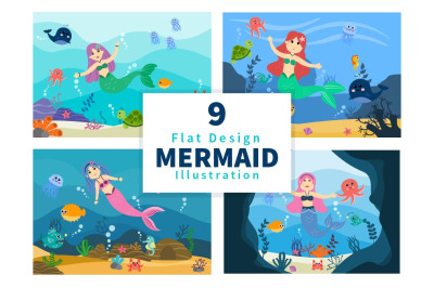 9 Mermaid And Cute Sea Animals Illustration