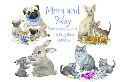 Mother and baby animals, watercolor clipart,Mothers day