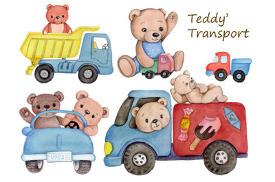Teddy&#039; Transport. Watercolor illustrations.