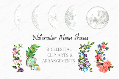 Watercolor Moon Phases, Moon clipart, Decorated Moon