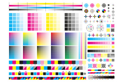 Color cmyk management elements. Offset print registration plates, grad