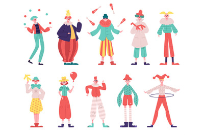 Clowns characters. Circus funny clowns with red nose and circus costum