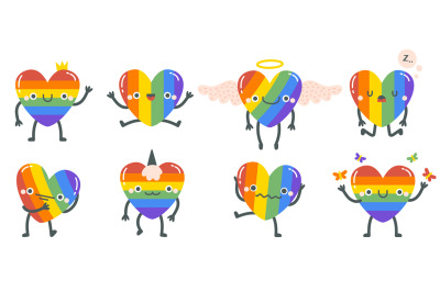 Cute rainbow hearts. Happy smiling lgbtq rainbow heart characters&2C; gay