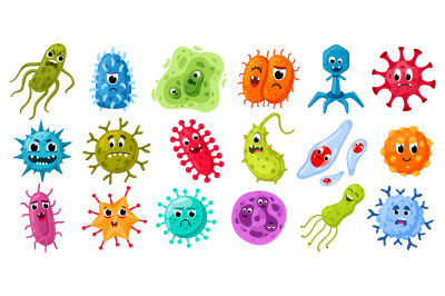 Cartoon microbes and viruses. Germs characters with funny faces, bacte